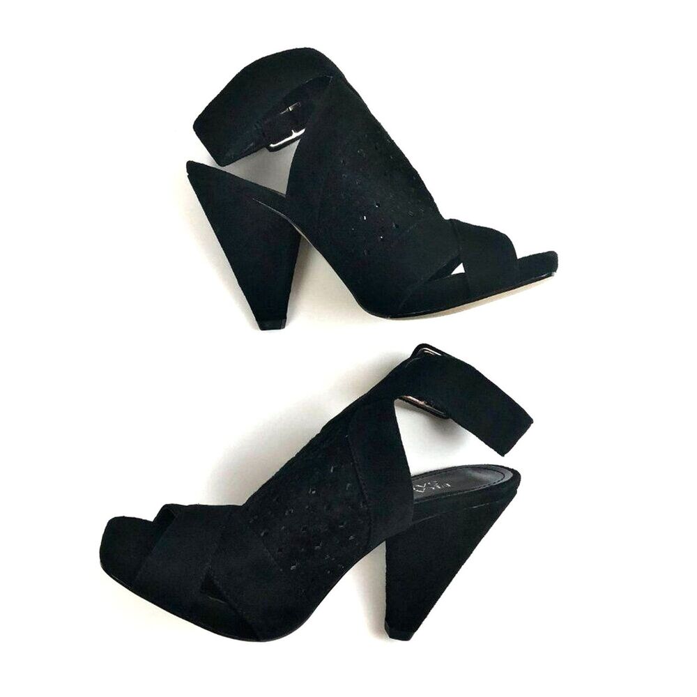 Vintage Franco Sarto Y2K Black Suede Ankle Strap Slingback Heels Size 6